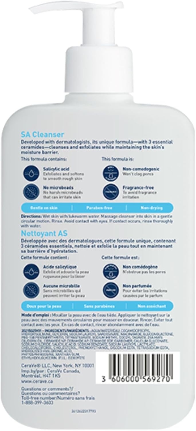 Nettoyant à l’ACIDE SALICYLIQUE CeraVe, exfoliant lissant BHA SA régénérant pour le visage. Convient pour la kératose pilaire et le psoriasis. Nettoyant doux à l’acide hyaluronique, à la niacinamide, à la vitamine D et aux céramides. Sans parfum, sans mic - Image 2