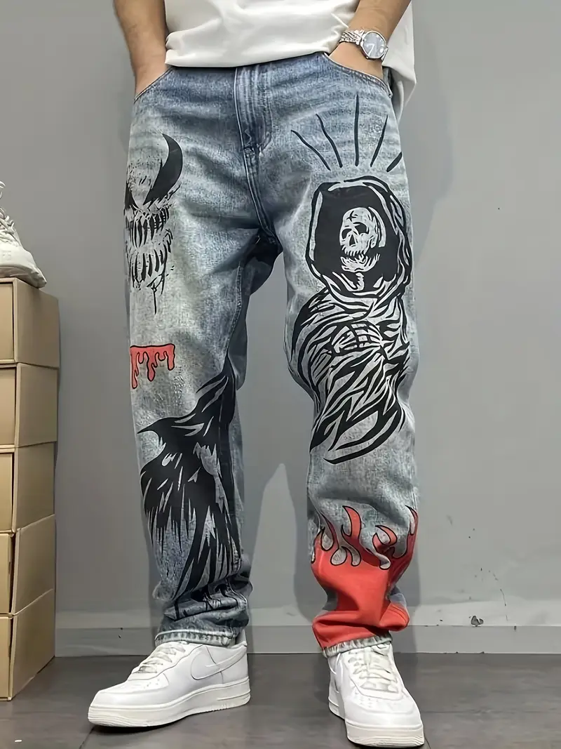 Jeans Américains Y2K Rétro à Imprimé Graffiti Bleu