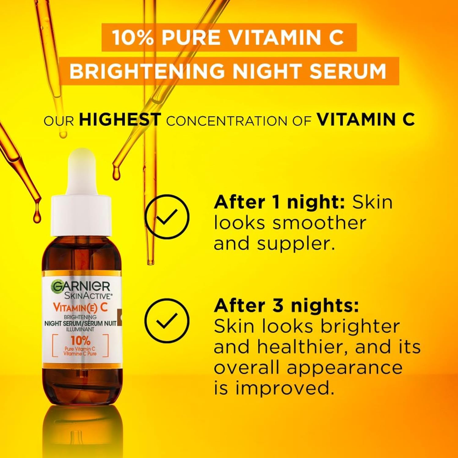 Garnier SkinActive Sérum Nuit Éclaircissant à la Vitamine C, à l’Acide Hyaluronique, Illumine et Lisse la Peau en seulement 3 Nuits, pour Tous les Types de Peau, même les Peaux Sensibles - 30ml