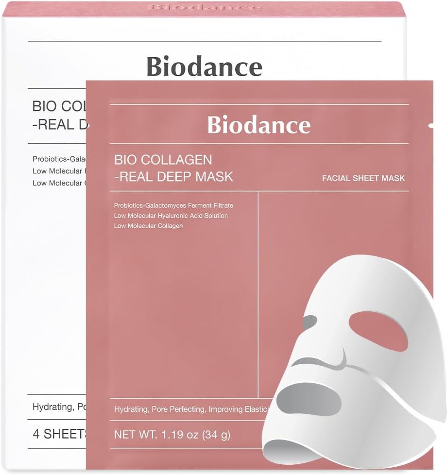 BIODANCE Bio-Collagen Real Deep Mask, Masque hydrogel de nuit hydratant le plus vendu pour une peau brillante et brillante, minimisant les pores, améliorant l’élasticité, sans paraben, sans parfum, soin coréen non comédogène 34g x 4ea