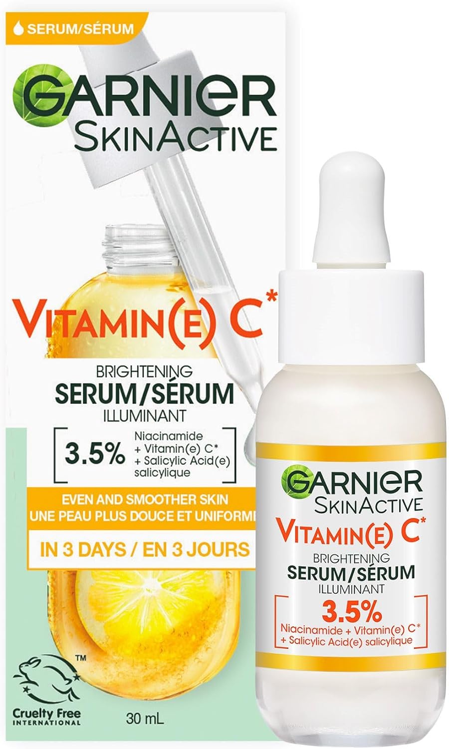 Sérum Garnier à la vitamine C pour le visage, avec 3,5 % de niacinamide et d’acide salicylique, sérum éclaircissant, pour tous les types de peau, même sensibles, pour les peaux ternes et fatiguées, 30mL