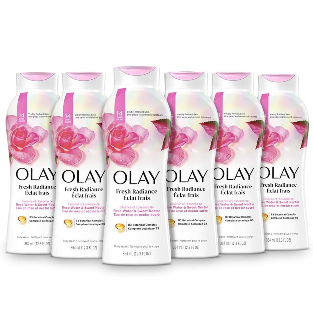 Olay Fresh Outlast Lot de 6 gels douche à l'eau de rose et au nectar doux, 2,18 l au total (6 sachets de 364 ml chacun)