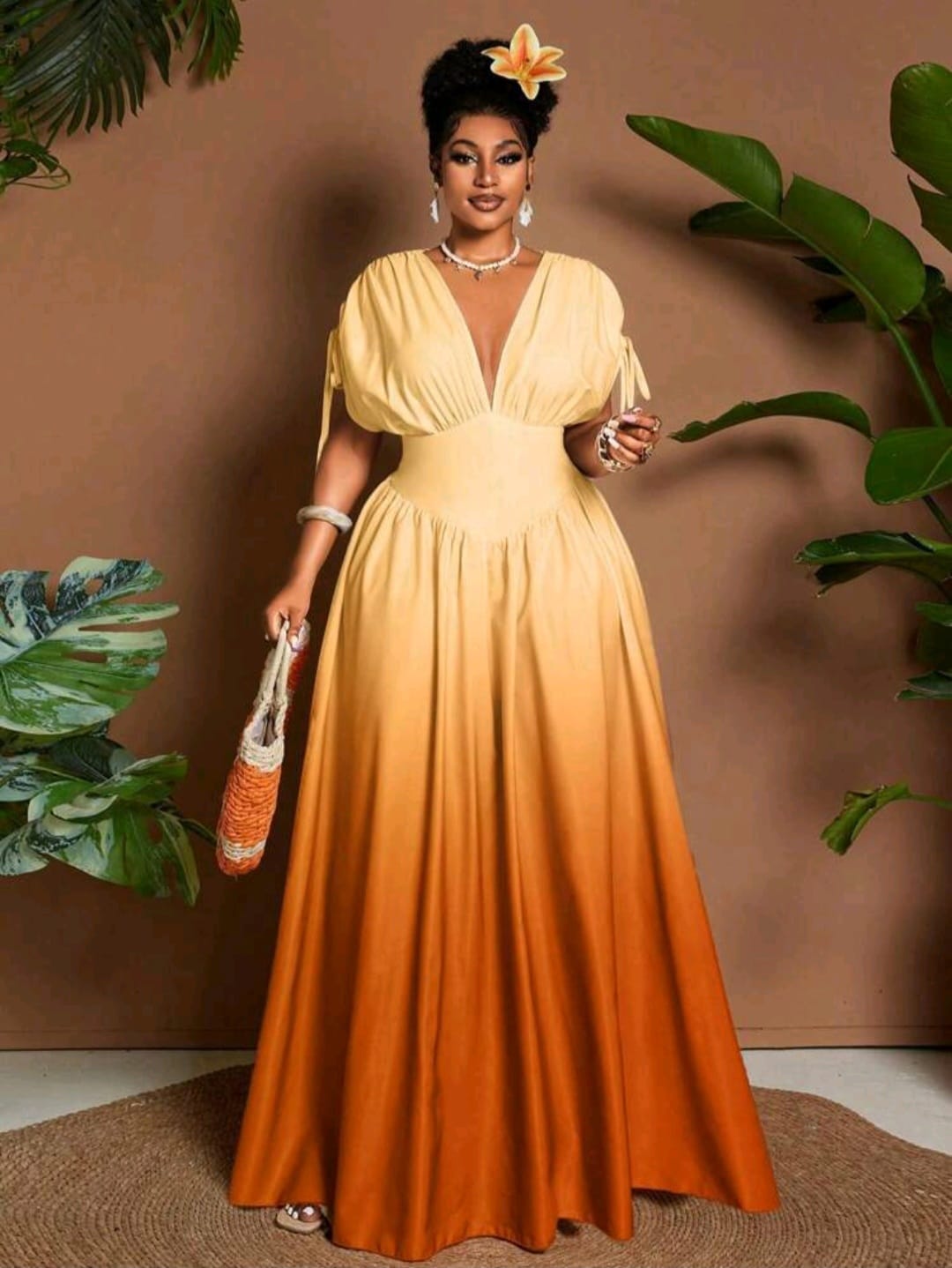 Maweii Robe longue à manches longues polyvalente pour femmes grande taille, col en V, imprimé dégradé, nœud papillon, style trapèze, adaptée pour la plage ou les festivals de musique, printemps/été - Image 3