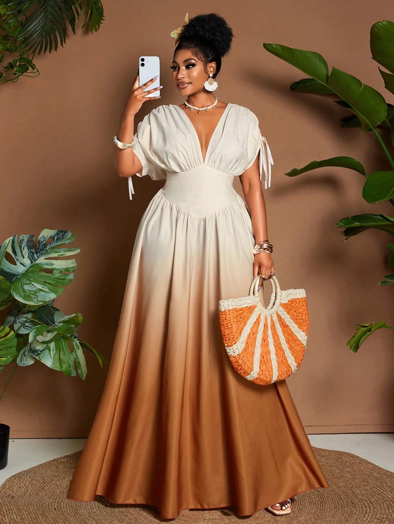 Maweii Robe longue à manches longues polyvalente pour femmes grande taille, col en V, imprimé dégradé, nœud papillon, style trapèze, adaptée pour la plage ou les festivals de musique, printemps/été - Image 2