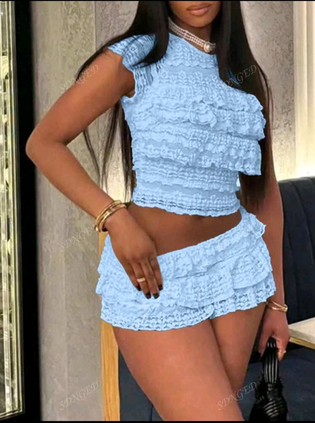 Ensemble top à encolure ras-du-cou et jupe mini en jacquard de dentelle tricotée plissée, pour le printemps/été - Image 2