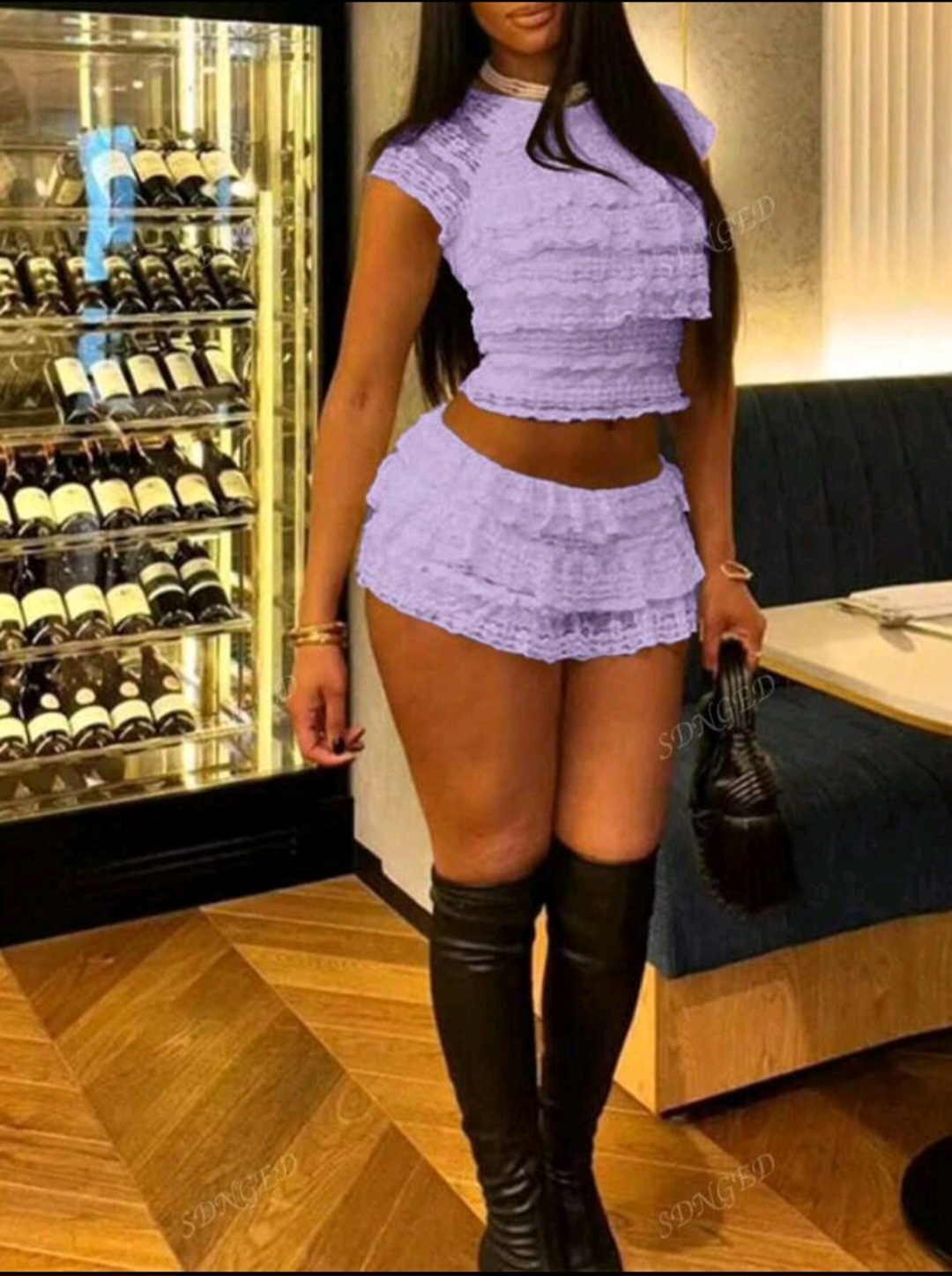 Ensemble top à encolure ras-du-cou et jupe mini en jacquard de dentelle tricotée plissée, pour le printemps/été - Image 3